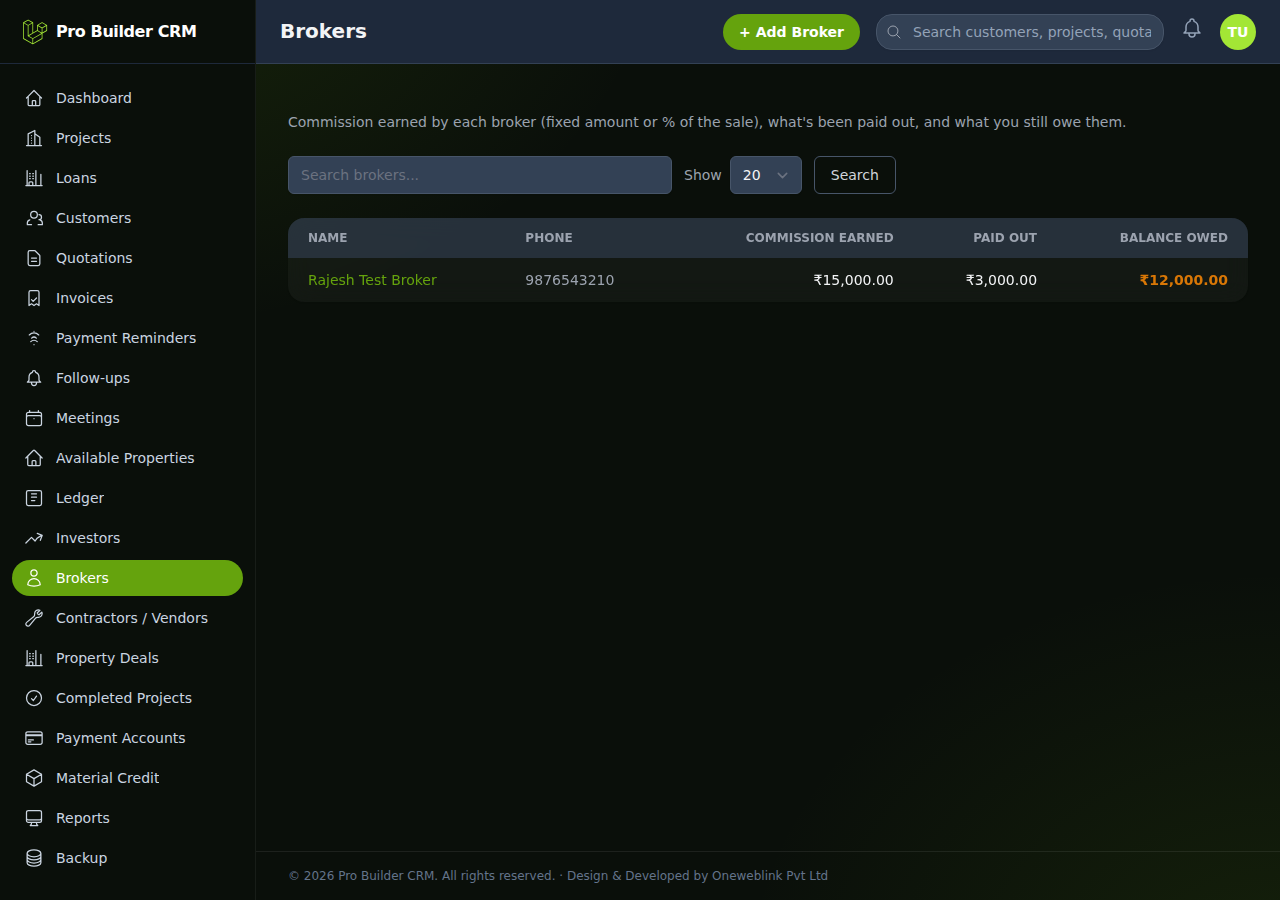 Pro Builder CRM brokers module showing commission tracking and statements