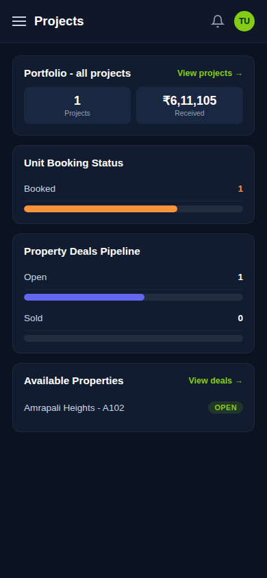 Pro Builder CRM projects and unit booking status on a mobile phone
