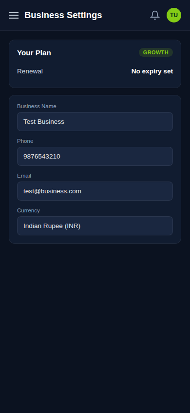 Pro Builder CRM business settings on a mobile phone