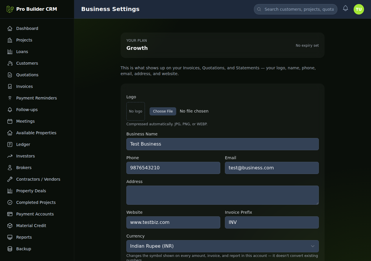 Pro Builder CRM business settings screen
